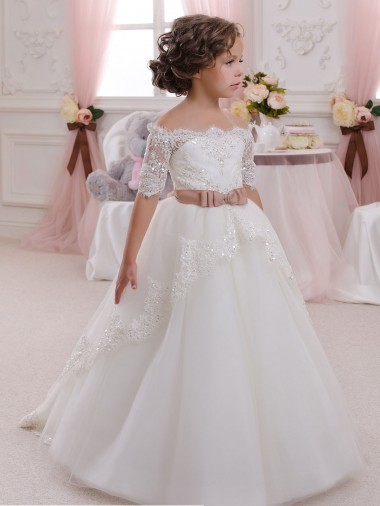 Avorio Abito da ballo Alto Collo Tulle Pizzo Lunga Abiti da ragazza di fiori AllIngrosso