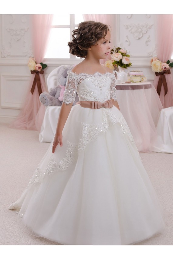 Avorio Abito da ballo Alto Collo Tulle Pizzo Lunga Abiti da ragazza di fiori AllIngrosso