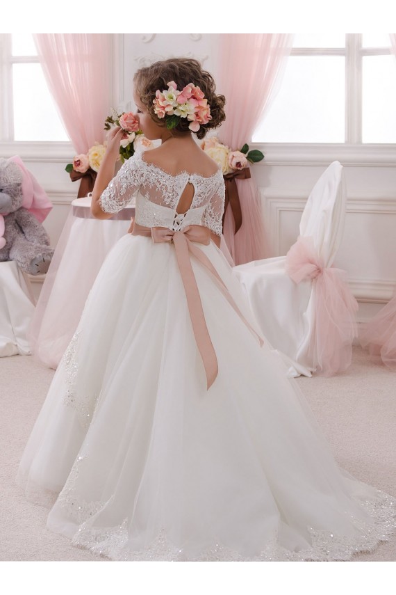 Avorio Abito da ballo Alto Collo Tulle Pizzo Lunga Abiti da ragazza di fiori AllIngrosso