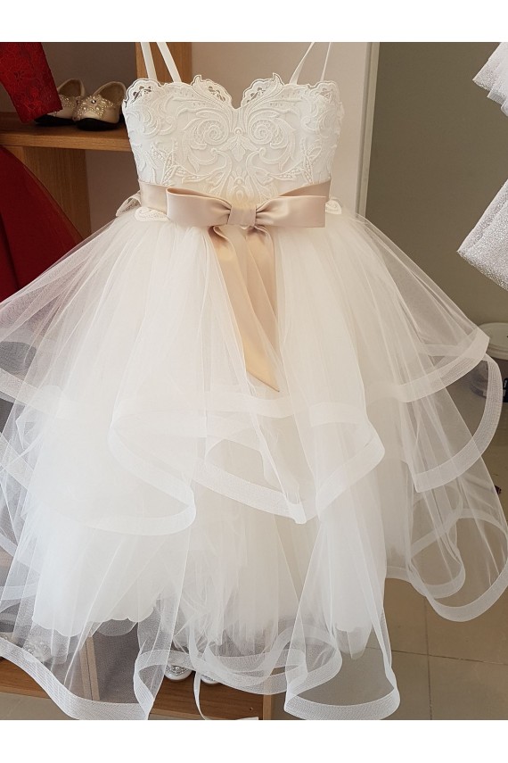 Avorio Abito da ballo Alto Collo Tulle Pizzo Lunga Abiti da ragazza di fiori AllIngrosso