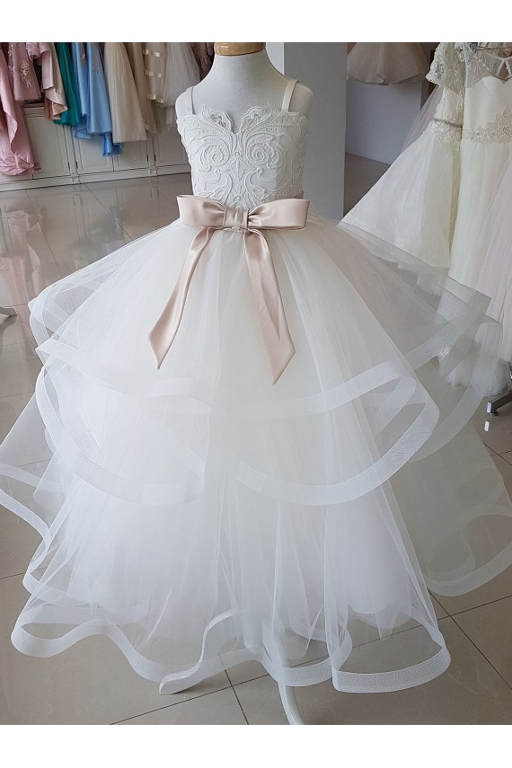 Avorio Abito da ballo Alto Collo Tulle Pizzo Lunga Abiti da ragazza di fiori AllIngrosso
