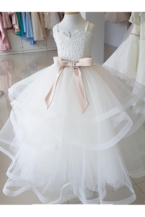 Avorio Abito da ballo Alto Collo Tulle Pizzo Lunga Abiti da ragazza di fiori AllIngrosso