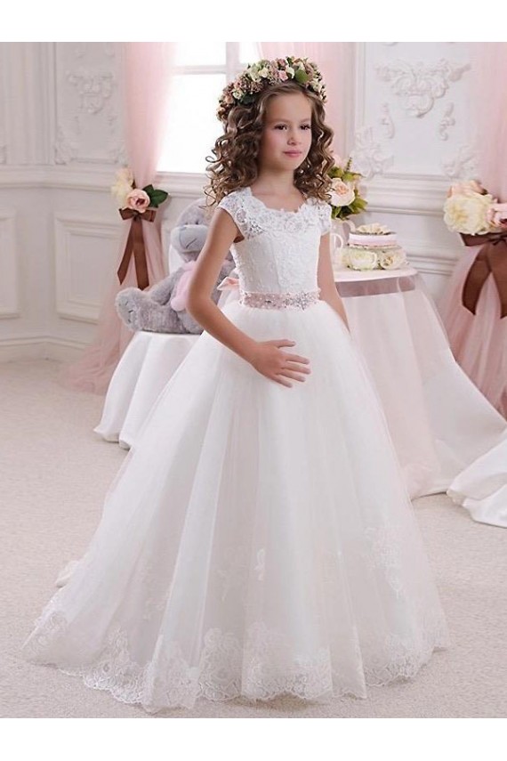 Avorio Abito da ballo Alto Collo Tulle Pizzo Lunga Abiti da ragazza di fiori AllIngrosso