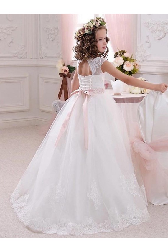 Avorio Abito da ballo Alto Collo Tulle Pizzo Lunga Abiti da ragazza di fiori AllIngrosso