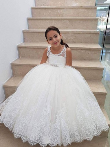 Avorio Abito da ballo Alto Collo Tulle Pizzo Lunga Abiti da ragazza di fiori AllIngrosso