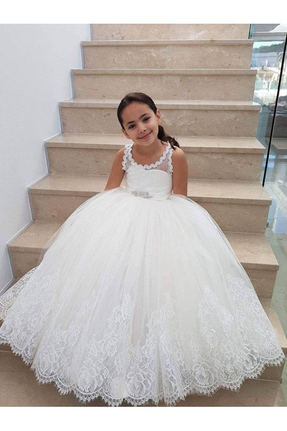 Avorio Abito da ballo Alto Collo Tulle Pizzo Lunga Abiti da ragazza di fiori AllIngrosso