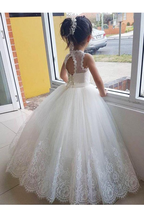 Avorio Abito da ballo Alto Collo Tulle Pizzo Lunga Abiti da ragazza di fiori AllIngrosso