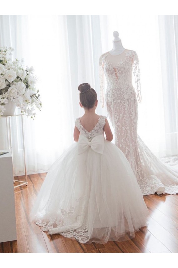Avorio Abito da ballo Barca Tulle Pizzo Lunga Abiti da ragazza di fiori AllIngrosso