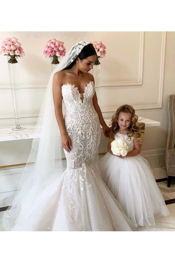 Avorio Abito da ballo Barca Tulle Pizzo Lunga Abiti da ragazza di fiori AllIngrosso