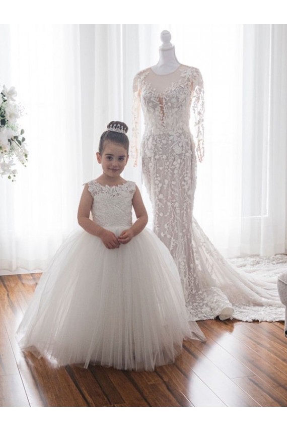 Avorio Abito da ballo Barca Tulle Pizzo Lunga Abiti da ragazza di fiori AllIngrosso