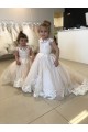 Avorio Abito da ballo Barca Tulle Pizzo Lunga Abiti da ragazza di fiori AllIngrosso