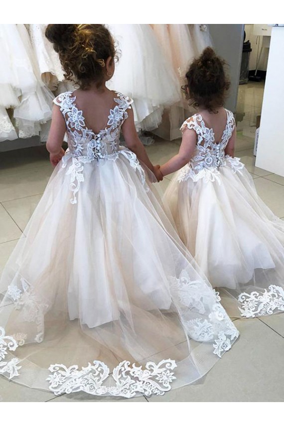 Avorio Abito da ballo Barca Tulle Pizzo Lunga Abiti da ragazza di fiori AllIngrosso