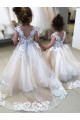 Avorio Abito da ballo Barca Tulle Pizzo Lunga Abiti da ragazza di fiori AllIngrosso