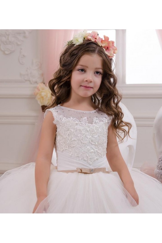 Avorio Abito da ballo Barca Tulle Pizzo Lunga Abiti da ragazza di fiori AllIngrosso