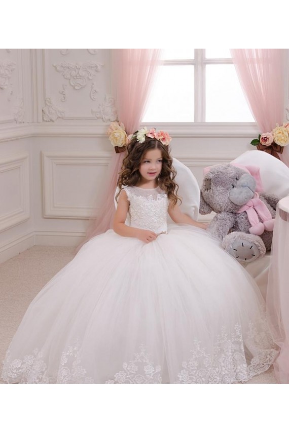 Avorio Abito da ballo Barca Tulle Pizzo Lunga Abiti da ragazza di fiori AllIngrosso