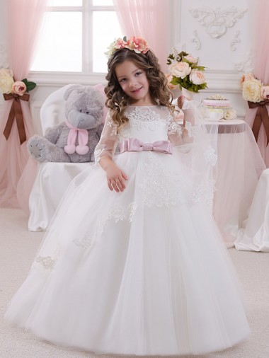 Avorio Abito da ballo Barca Tulle Pizzo Lunga Abiti da ragazza di fiori AllIngrosso