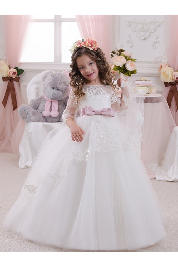Avorio Abito da ballo Barca Tulle Pizzo Lunga Abiti da ragazza di fiori AllIngrosso