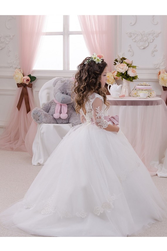 Avorio Abito da ballo Barca Tulle Pizzo Lunga Abiti da ragazza di fiori AllIngrosso