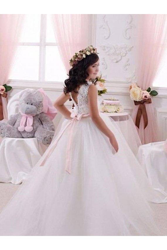 Avorio Abito da ballo Barca Tulle Pizzo Lunga Abiti da ragazza di fiori AllIngrosso