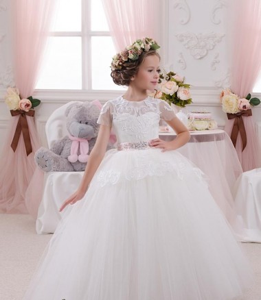 Avorio Abito da ballo Innamorato Tulle Pizzo Lunga Abiti da ragazza di fiori AllIngrosso