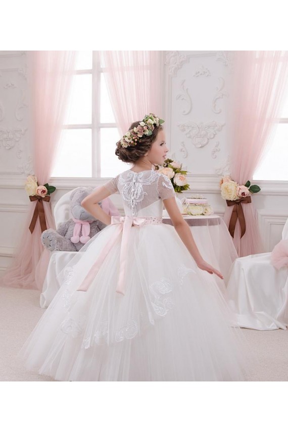 Avorio Abito da ballo Innamorato Tulle Pizzo Lunga Abiti da ragazza di fiori AllIngrosso