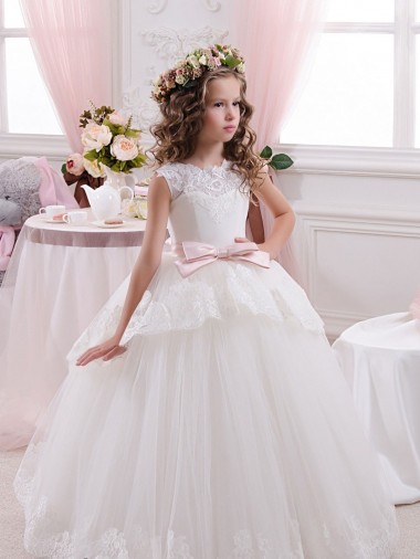 Avorio Abito da ballo Innamorato Tulle Pizzo Lunga Abiti da ragazza di fiori AllIngrosso