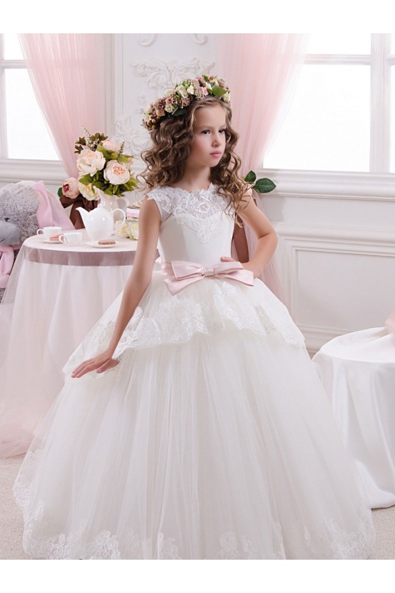 Avorio Abito da ballo Innamorato Tulle Pizzo Lunga Abiti da ragazza di fiori AllIngrosso