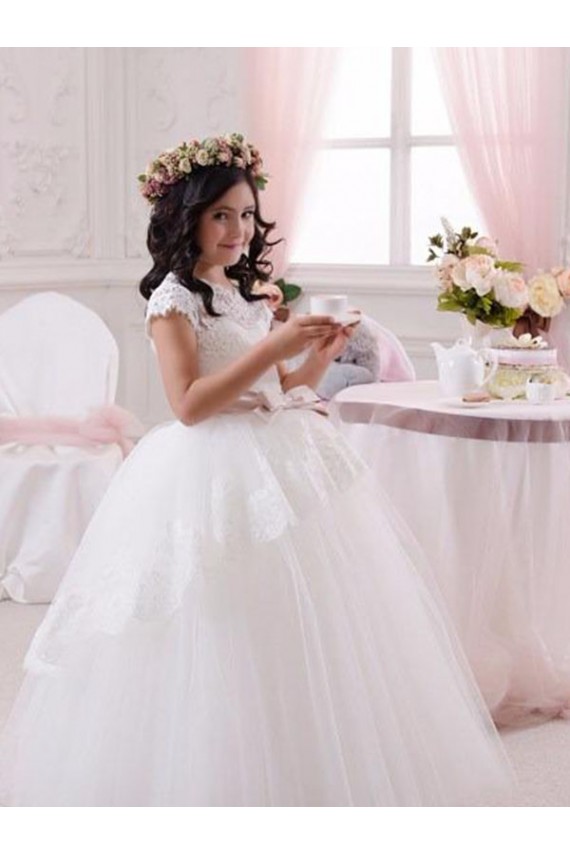 Avorio Abito da ballo Innamorato Tulle Pizzo Lunga Abiti da ragazza di fiori AllIngrosso