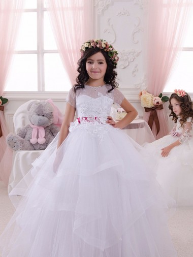 Avorio Abito da ballo Innamorato Tulle Pizzo Lunga Abiti da ragazza di fiori AllIngrosso