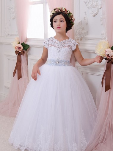 Avorio Abito da ballo Innamorato Tulle Pizzo Lunga Abiti da ragazza di fiori AllIngrosso