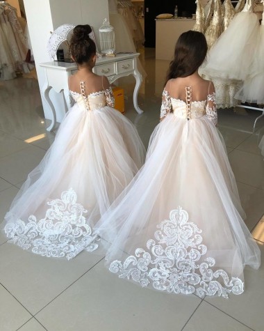 Avorio Abito da ballo Innamorato Tulle Pizzo Lunga Abiti da ragazza di fiori AllIngrosso
