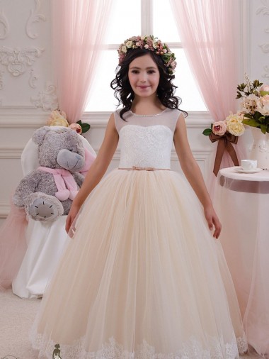 Avorio & Champagne Abito da ballo Innamorato Tulle Pizzo Lunga Abiti da ragazza di fiori AllIngrosso