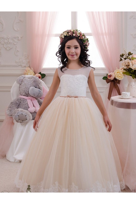 Avorio & Champagne Abito da ballo Innamorato Tulle Pizzo Lunga Abiti da ragazza di fiori AllIngrosso