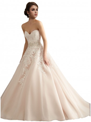 Avorio & Champagne Abito da ballo Scollatura a V Cattedrale di treno Tulle Pizzo Abiti da sposa AllIngrosso