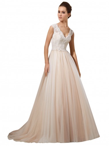 Avorio & Champagne Linea A Scollatura a V Tulle Pizzo Abiti da sposa AllIngrosso