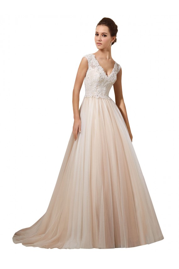 Avorio & Champagne Linea A Scollatura a V Tulle Pizzo Abiti da sposa AllIngrosso
