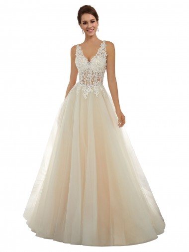 Avorio & Champagne Linea A Scollatura a V Tulle Pizzo Classico Abiti da sposa AllIngrosso