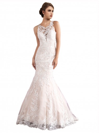 Avorio & Champagne Stile sirena Illusione Cattedrale di treno Tulle Pizzo Abiti da sposa AllIngrosso
