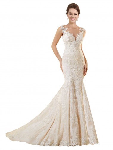 Avorio & Champagne Stile sirena Illusione Pizzo Abiti da sposa AllIngrosso