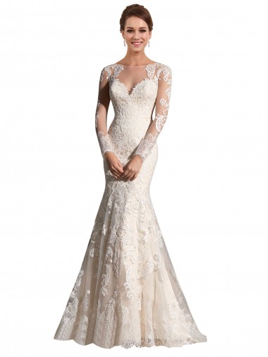 Avorio & Champagne Stile sirena Illusione Tulle Pizzo Abiti da sposa AllIngrosso