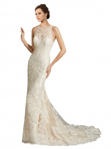 Avorio & Champagne Stile sirena Illusione Tulle Pizzo Classico Abiti da sposa AllIngrosso