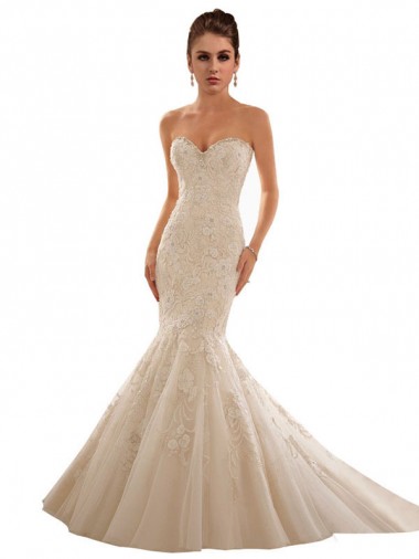 Avorio & Champagne Stile sirena Innamorato Tulle Pizzo Abiti da sposa AllIngrosso