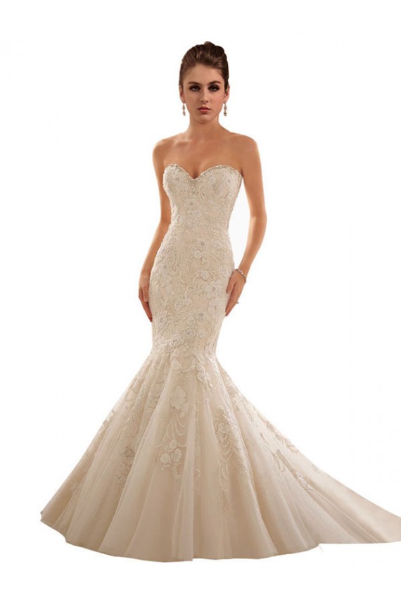 Avorio & Champagne Stile sirena Innamorato Tulle Pizzo Abiti da sposa AllIngrosso