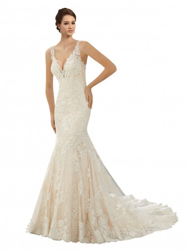 Avorio & Champagne Stile sirena Scollatura a V Pizzo Abiti da sposa AllIngrosso