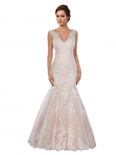 Avorio & Champagne Stile sirena Scollatura a V Pizzo Classico Abiti da sposa AllIngrosso