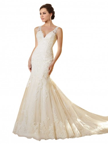 Avorio & Champagne Stile sirena Scollatura a V Tulle Pizzo Abiti da sposa AllIngrosso