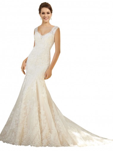 Avorio & Champagne Stile sirena Scollatura a V Tulle Pizzo Abiti da sposa AllIngrosso