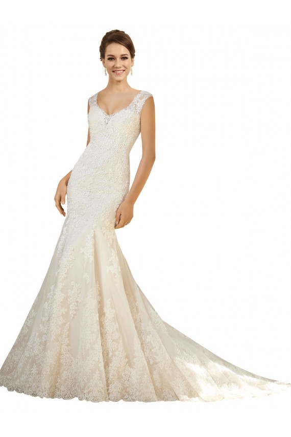 Avorio & Champagne Stile sirena Scollatura a V Tulle Pizzo Abiti da sposa AllIngrosso