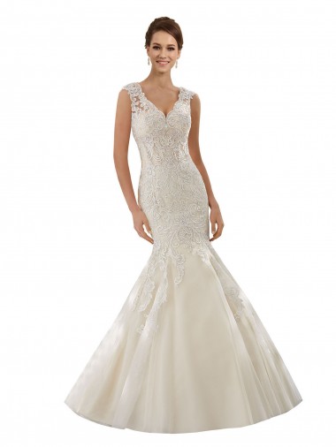 Avorio & Champagne Stile sirena Scollatura a V Tulle Pizzo Abiti da sposa AllIngrosso