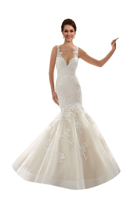 Avorio & Champagne Stile sirena Scollatura a V Tulle Pizzo Classico Abiti da sposa AllIngrosso